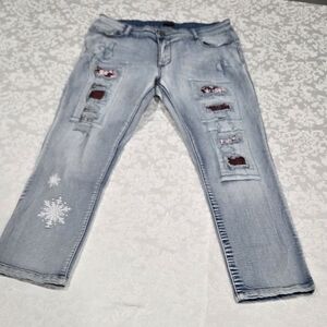 Coco + Carmen Light Blue Straight Leg Jeans with Embellished Rips, Size L